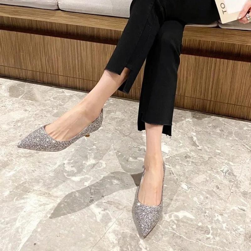 Women's Heeled Shoes 2026 New Style Fashion Versatile Sequined Women's Spring and Autumn Comfortable Pointed-toe Shoes Zapatos