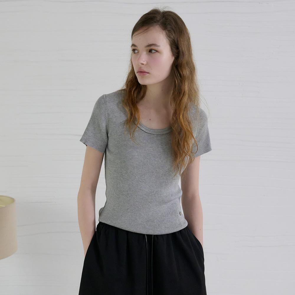 Elssibeui Scoop Neck Rib Knit Top_Gray