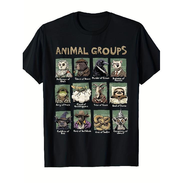 Men S Animal Groups Unveiled Educational Wildlife Graphic T-Shirt - Retro Style Short Sleeve Casual Tee with 12 Animal Kingdom Phyla & Classes Chart S чёрный