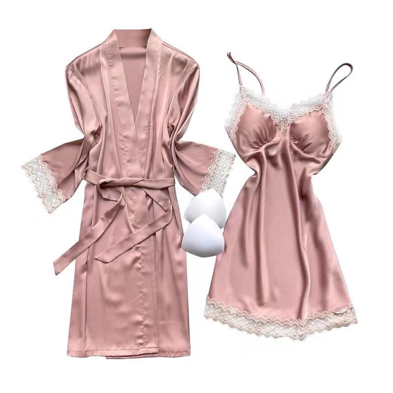 Summer Ice Silk Lace-Trimmed Camisole Nightgown with Chest Pads for Women