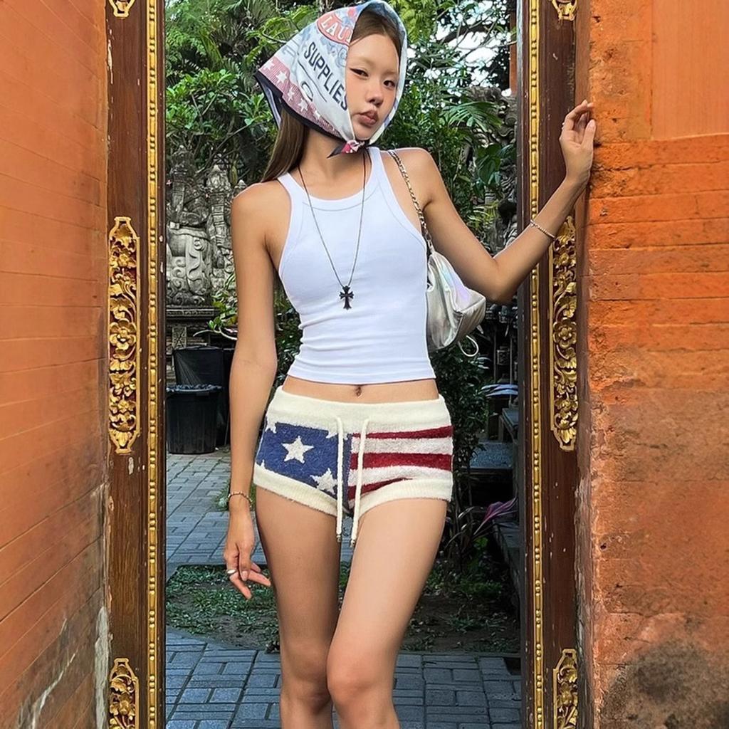 American star print neck sling tight Spice Girl elastic woolen vest spring and summer top
