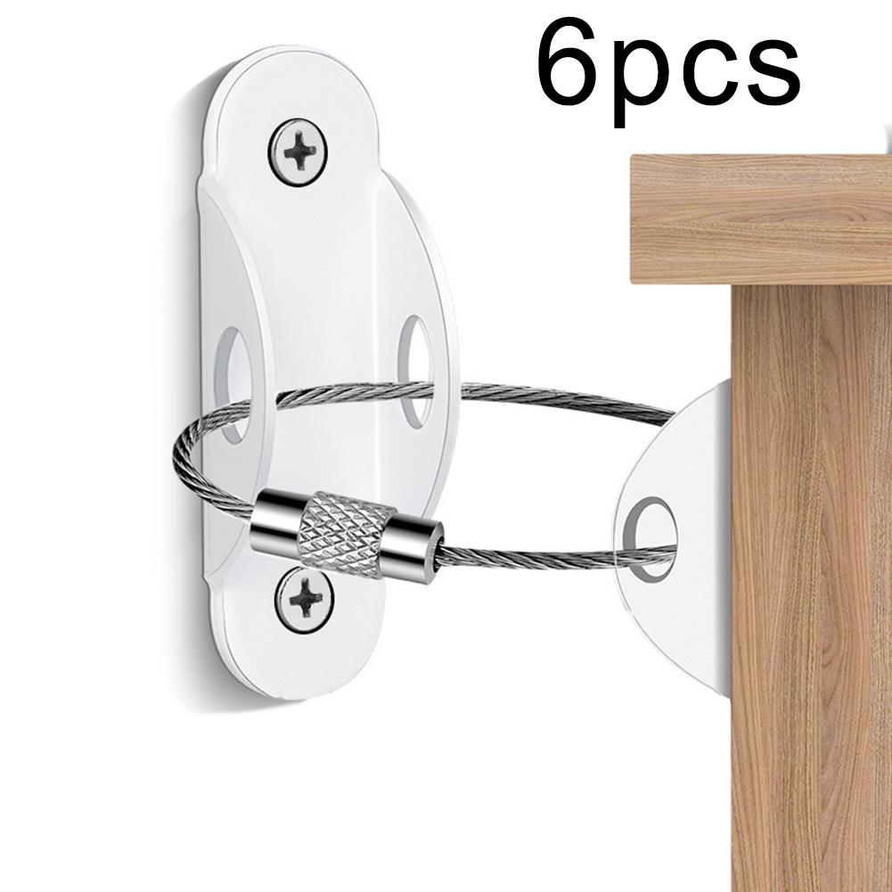 6PCS Stainless Steel Anti Tilt Fastener Kit for Furniture Cabinets with Metal Brackets and Steel Cables to Prevent Tipping Risks