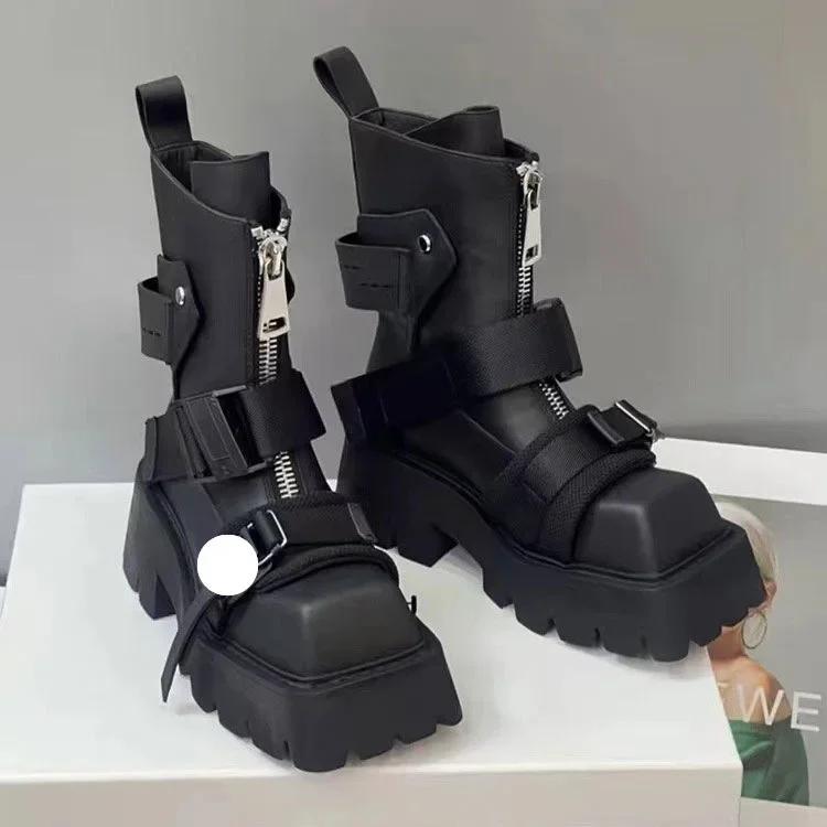 2025 European style Square Toe Thick Heel Motorcycle Boots Women Leather Front Zipper Short Belt Buckle Fashion Chelsea Boots
