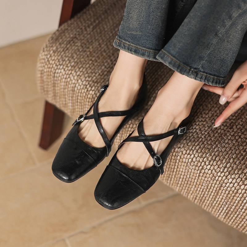 Krazing Pot Sheepskin Round Toe Thick Low Heels Spring Shoes Buckle Big Size 42 Women Mary Janes Pumps
