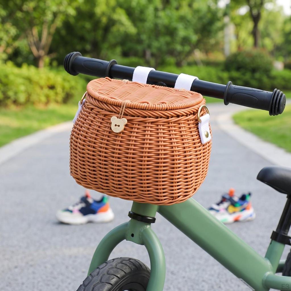 Detachable Front Bike Basket with Lid Multipurpose, Woven Lid, for Balance Bikes Brown