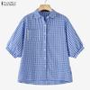 ZANZEA Women Casual Turn Down Collar Grid Print Loose Half Sleeve Blouse