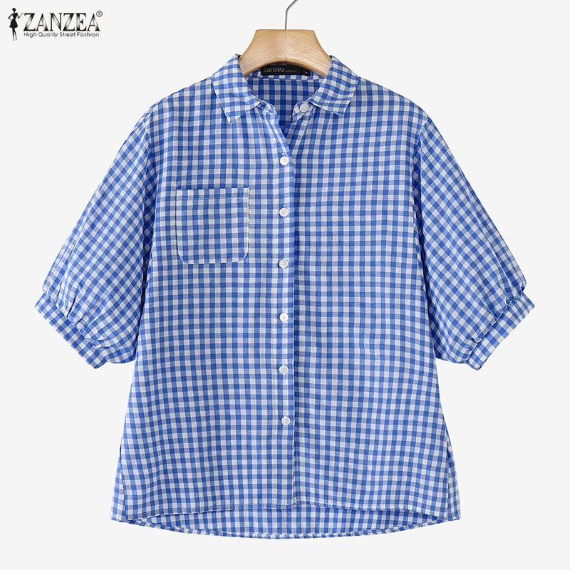 ZANZEA Women Casual Turn Down Collar Grid Print Loose Half Sleeve Blouse