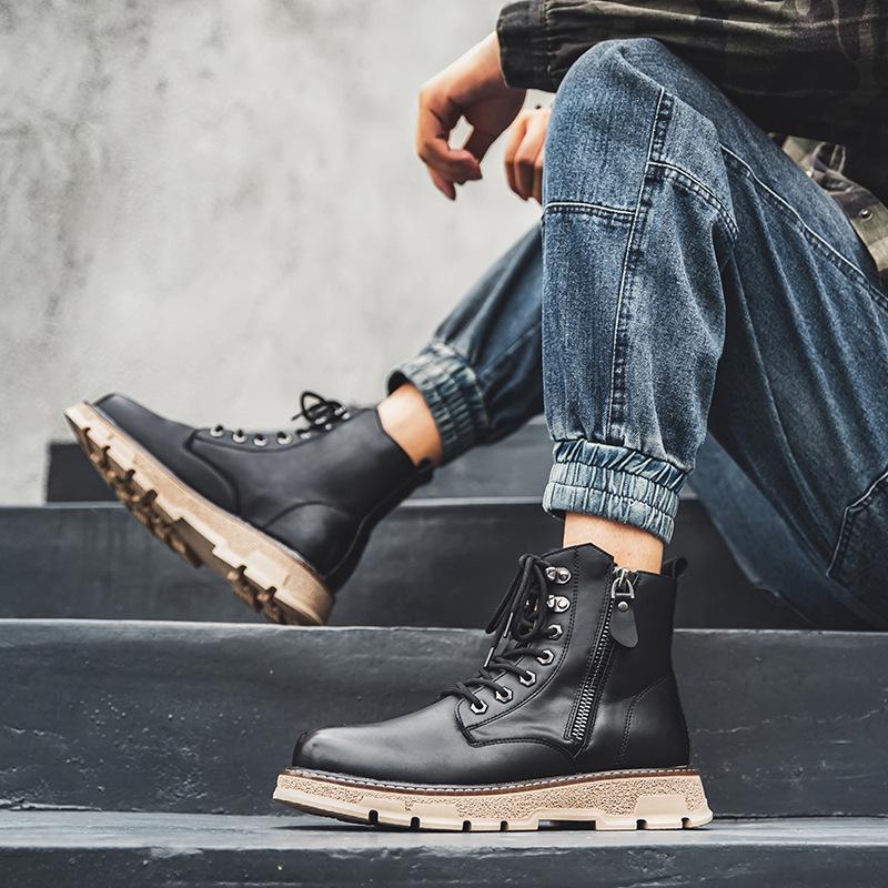 Men's Leather Boots Martin Boots Street Fashion Side Zipper Round Toe Short Boots Tooling Boots