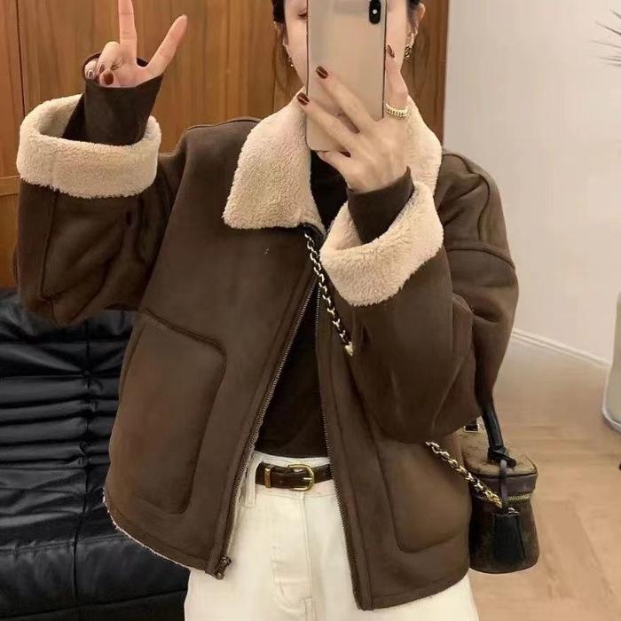 

New European fur integrated lamb wool coat women s autumn and winter thickened lapel locomotive jacket top S