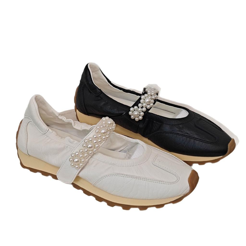 Rindslederversion~ Retro-Stil Sport-Ballettschuhe Damen Innenhöhe erhöht Perle Klettverschluss Casual Mary Jane Einzelne Schuhe Damen