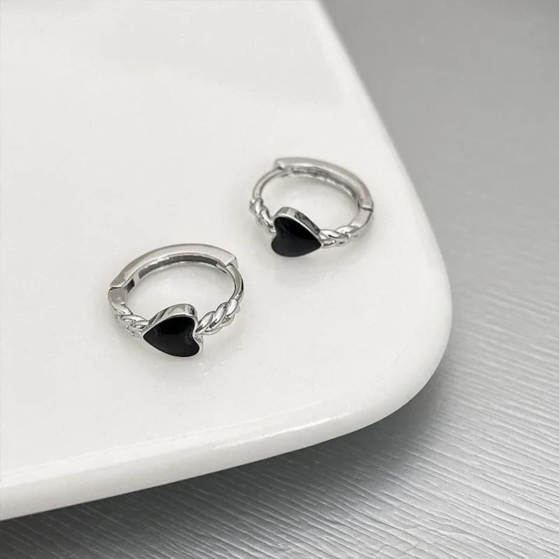 925 Silver Black Heart Hoop Earrings Temperament Simple Inlaid for Women Wedding Jewelry Accessories