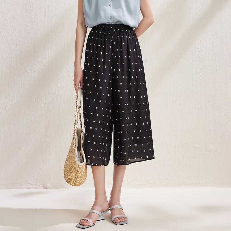 Mulberry Silk Polka Dot Wide-Leg Cropped Pants L