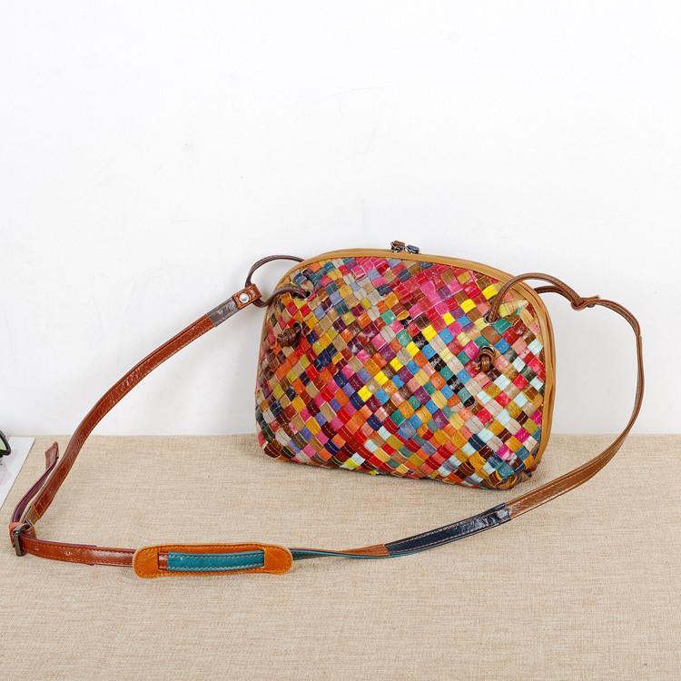 Genuine Leather Hand-Woven Cowhide Contrasting Color Casual Retro Handbag Single Shoulder Women'S Bag Crossbody