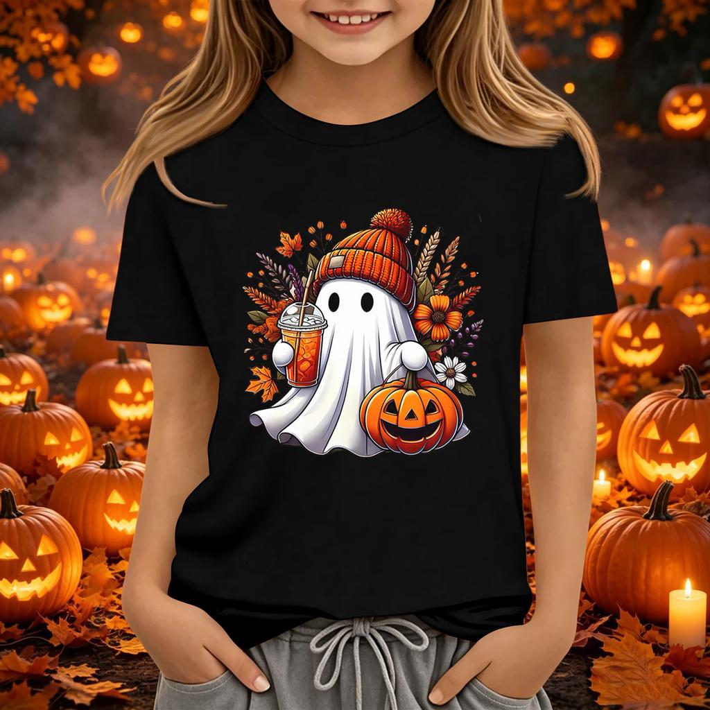 Kids Halloween Printed Short Sleeve T-Shirt Neck Relaxed Fit Casual Top for Boys and Girls