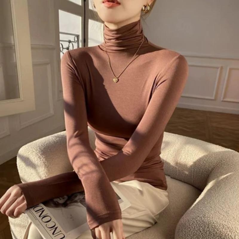 Damen S Hoher Kragen Langarm Figurbetont Koreanischer Stil Basisschicht T-Shirt