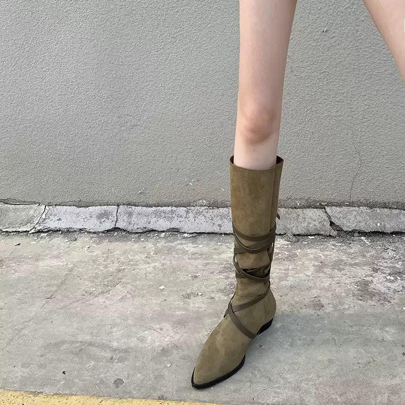 Axige has the same leather stacking boots for women 2025 new western cowboy boots versatile pointed sleeve knight boots for women