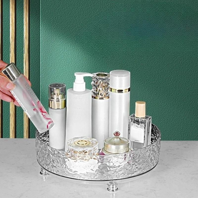 Home Luxury-style Ice Crystal Pattern Rotating Storage Box, Transparent Storage Turntable, Tabletop Skincare and Perfume Storage Rack