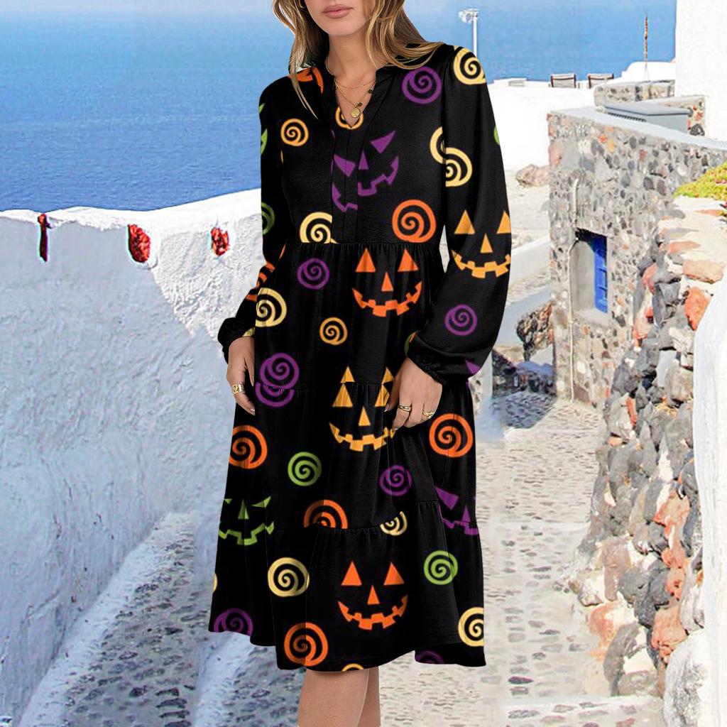 Women's V-Neck Flowing Layered Bohemian Long Sleeve Halloween Print Dress