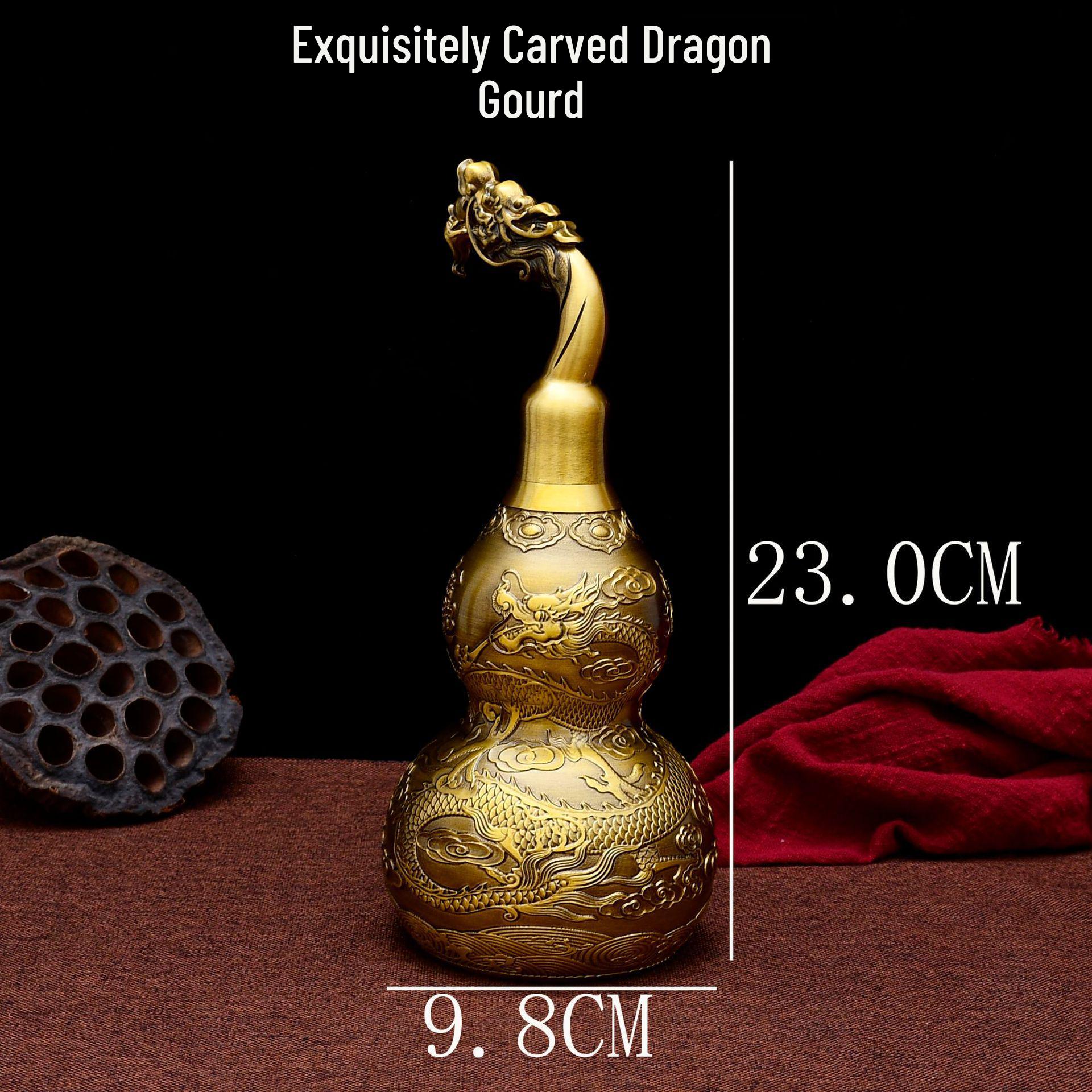 Exquisitely Carved Brass Dragon & Phoenix Gourd Decor