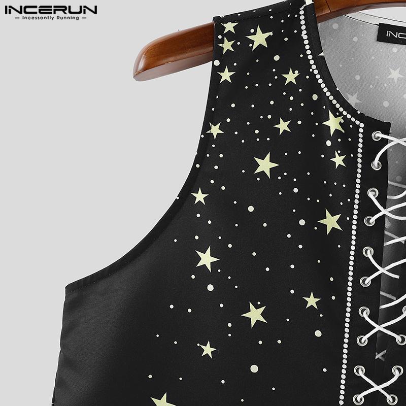 INCERUN Topuri basic casual fără mâneci cu imprimeu, bandaj și șireturi pentru bărbați