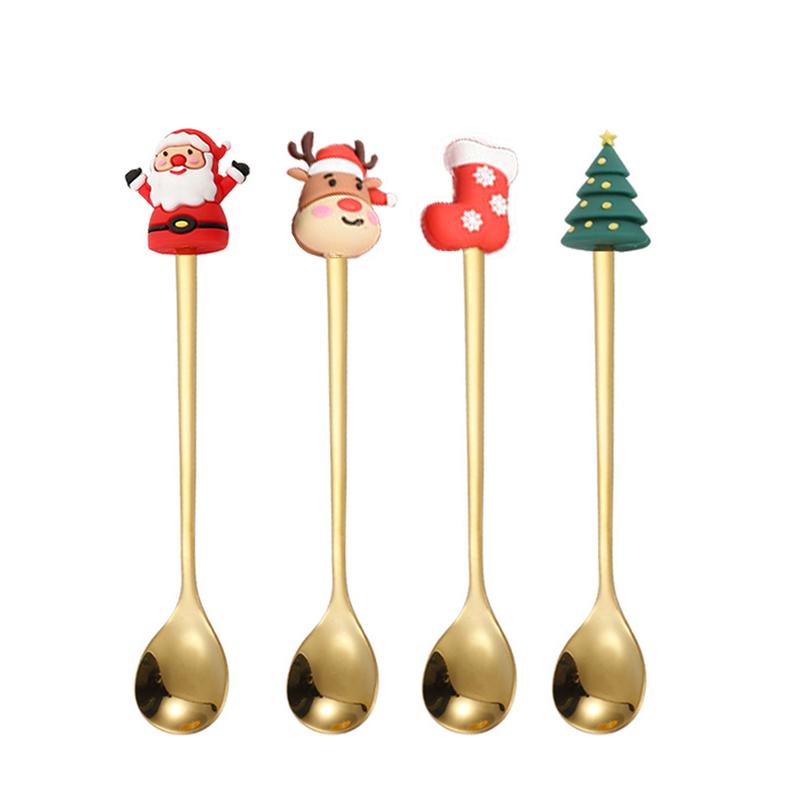 4PCS Christmas Coffee Spoons Christmas Stainless Steel Small Spoon Teaspoons Dessert Spoon New Year Christmas Ornament Tableware