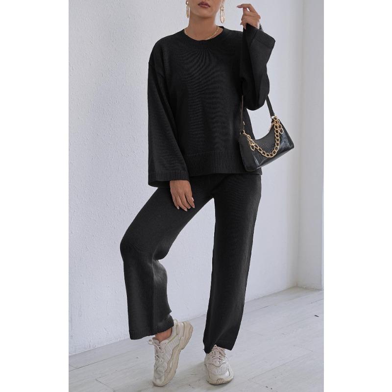 Women Loose Comfortable Solid Color Long Sleeve Sweater Wide Leg Pants Two Piece Loungewear Set
