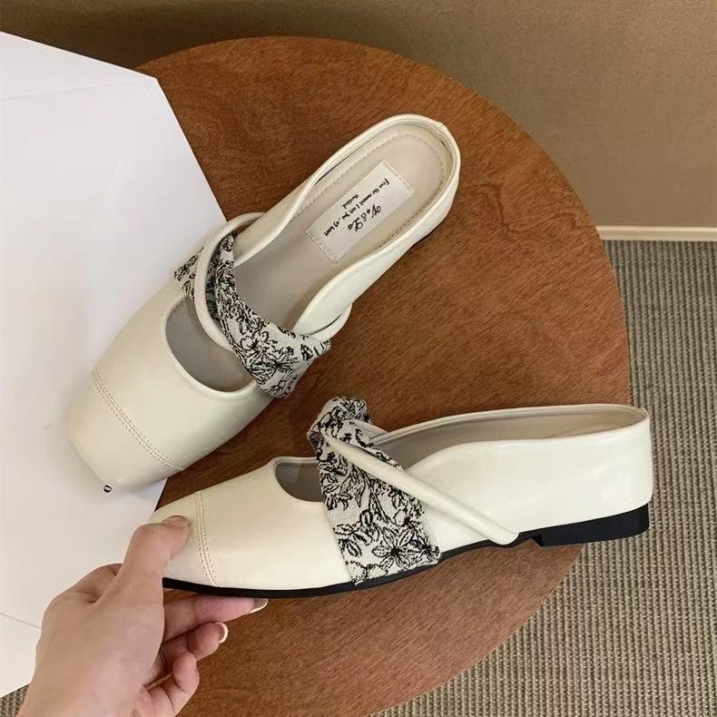 Inner height increase square head single shoes women's 2025 new leather one-word with shallow mouth bag head half drag sandals women's outer wear sum