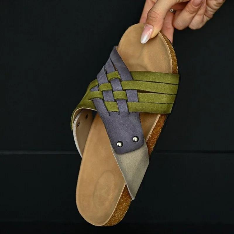Vintage Woven Colorblock Open Toe Slippers Outside Platform Round Toe Open Toe Rivet Versatile Beach Slippers