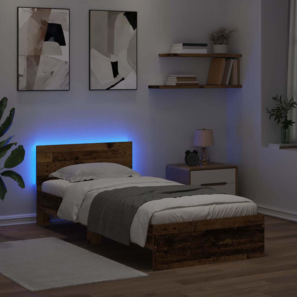 LED Bed Frame with Headboard Reclaimed Wood Look 90 x 200 cm Wood Based Material