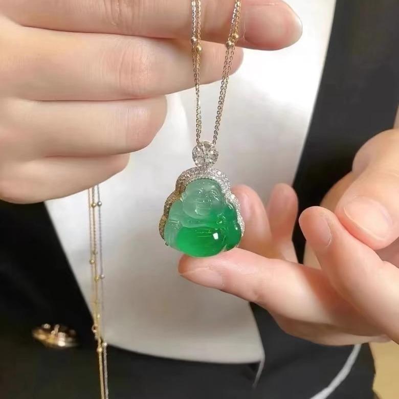 Imperial Green Jade Guanyin Buddha Pendant Necklace with Floating Flowers