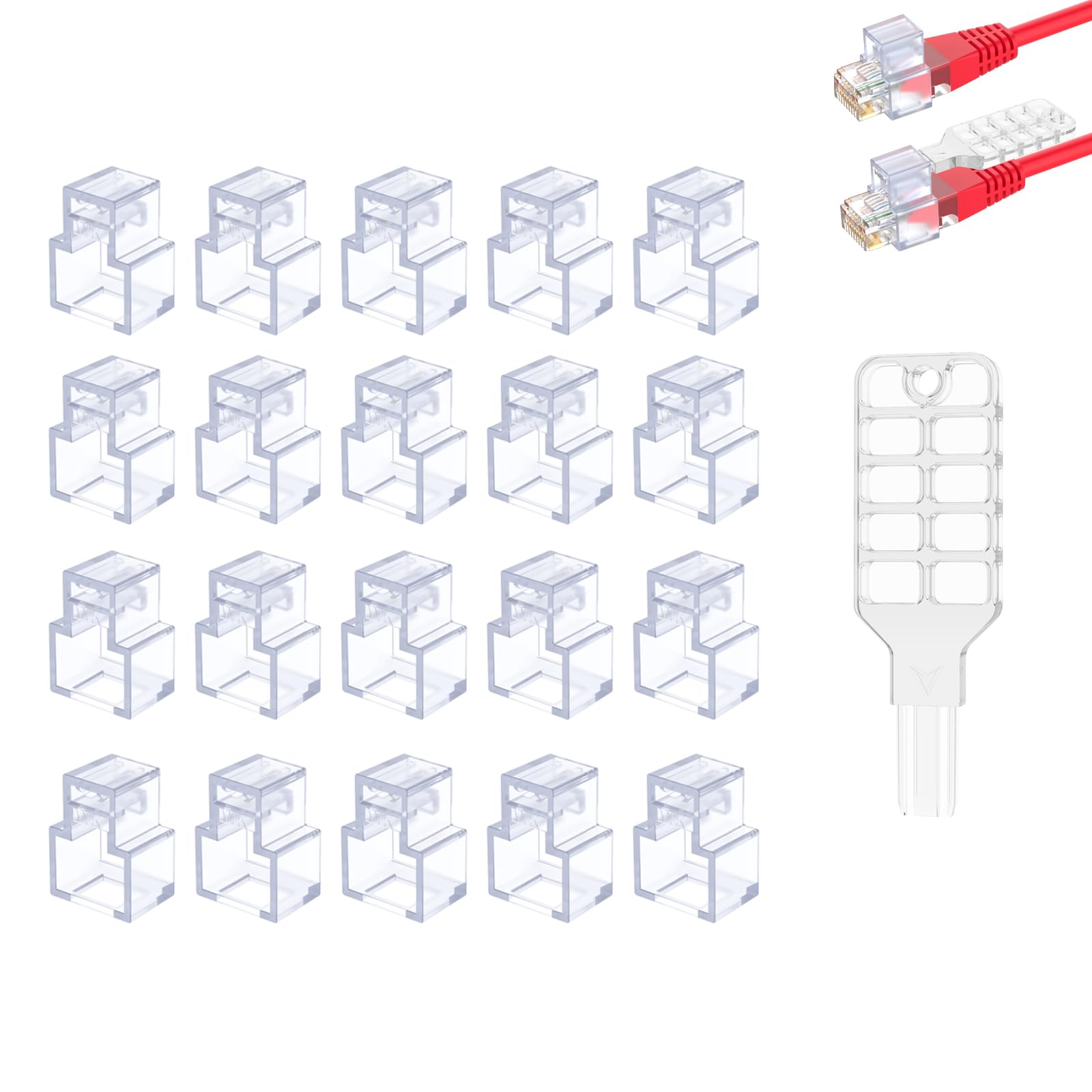 

20 фіксаторів мережевого кабелю RJ45 з 1 замком, що замикається, для патч-кордів Ethernet суперкатегорії категорії та категорії 7 для стандартних модульних штекерів RJ45, ключ,