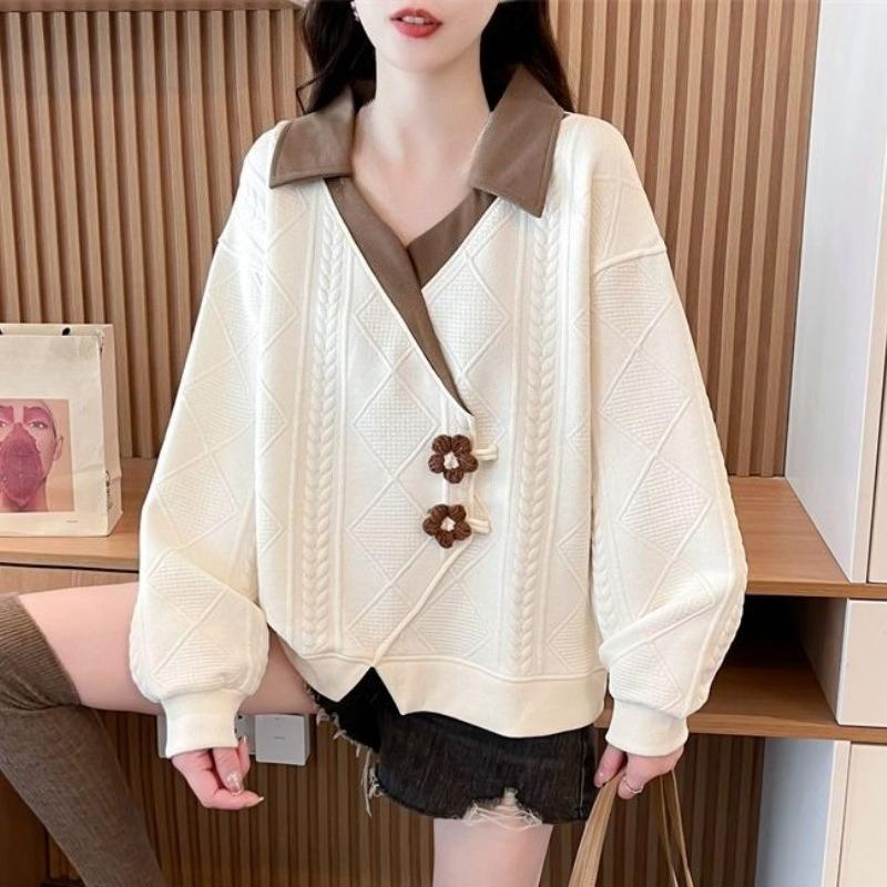 Irregular Women's Sweatshirt 3D Flower Decoration Lapel Contrasting Long Sleeved Pullover Korean Version Spring New Style Loose Woman Top