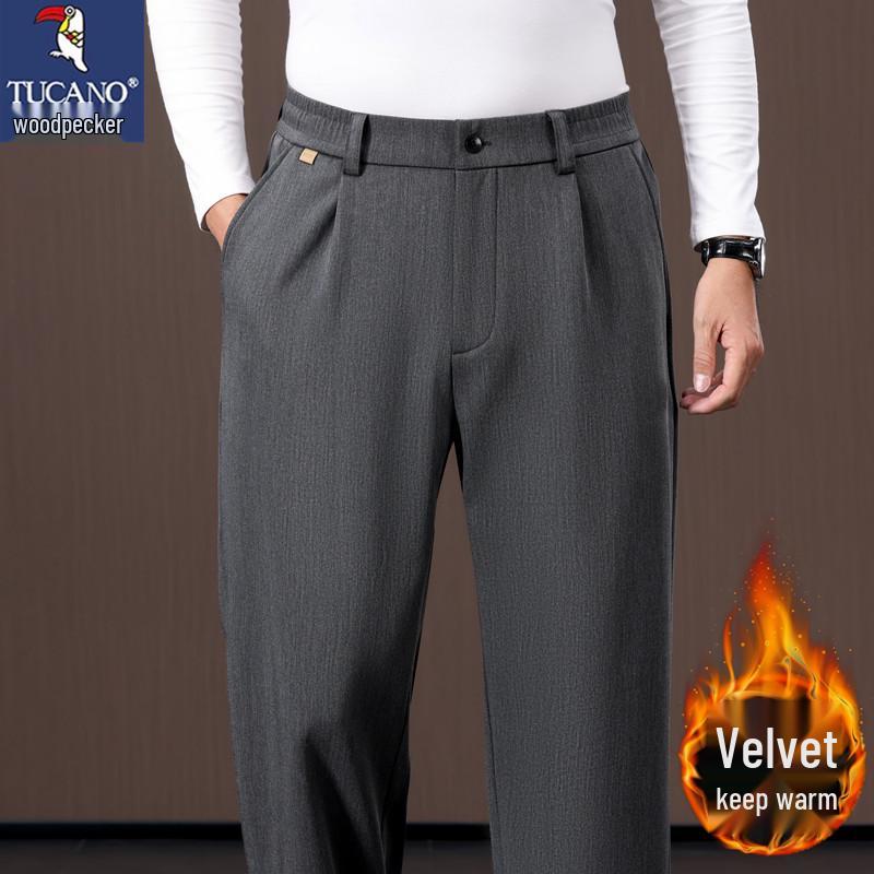 Woodpecker Men's Elastic Waist Wool Trousers - Loose Wide-Leg Casual Pants for Spring & Autumn