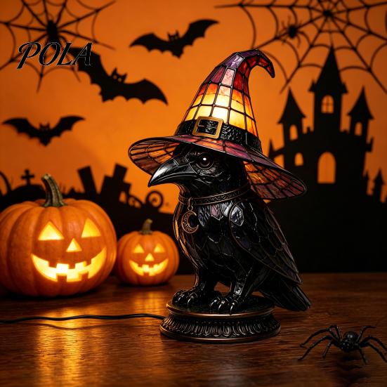 Decorative Bedside Lamp Stained Glass Witch Hat Lamp, Halloween Black Cat Ghost Raven Night Atmosphere Light for Movies Light, Gothic Retro