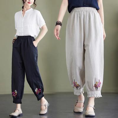 Women's Spring and Summer Chinese Cotton and Linen Thin Section Lantern Pants Casual Embroidery Nine-minute Pants