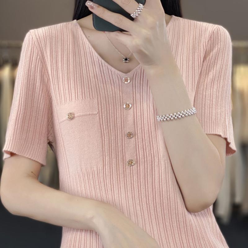 

V-neck Ice Silk Knitted Short-sleeved T-shirt for Women s Thin Summer New Casual Slim and Versatile Base Shirt Top S