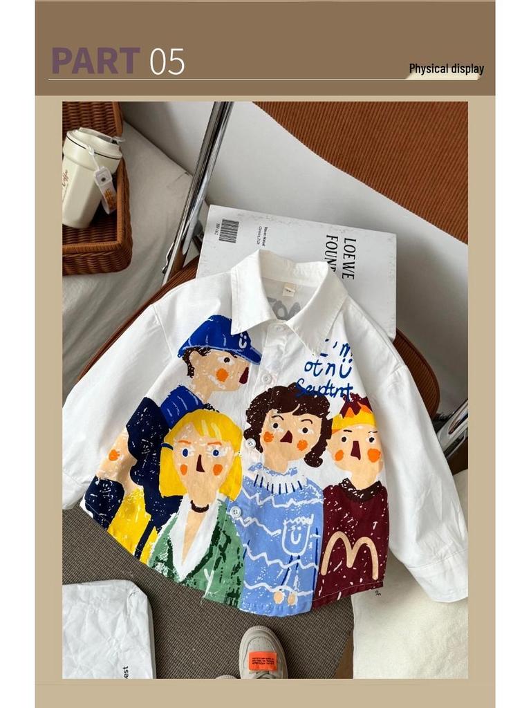 2025 Boys' Spring Cartoon Long-Sleeve Shirt - Korean Style Casual Cotton Top