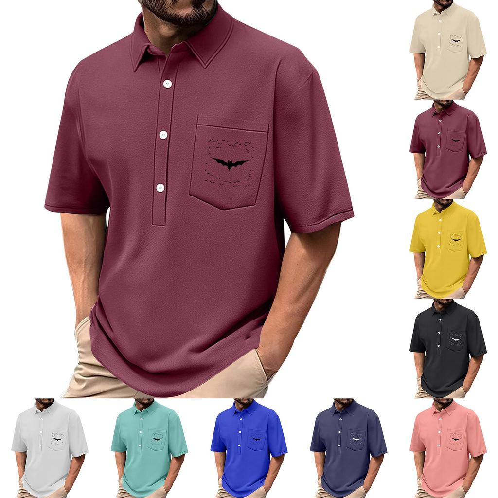 Men's Summer Solid Color Print Four-sided Stretch Lapel Button Pocket Shirt Casual Sports Short-sleeved Top