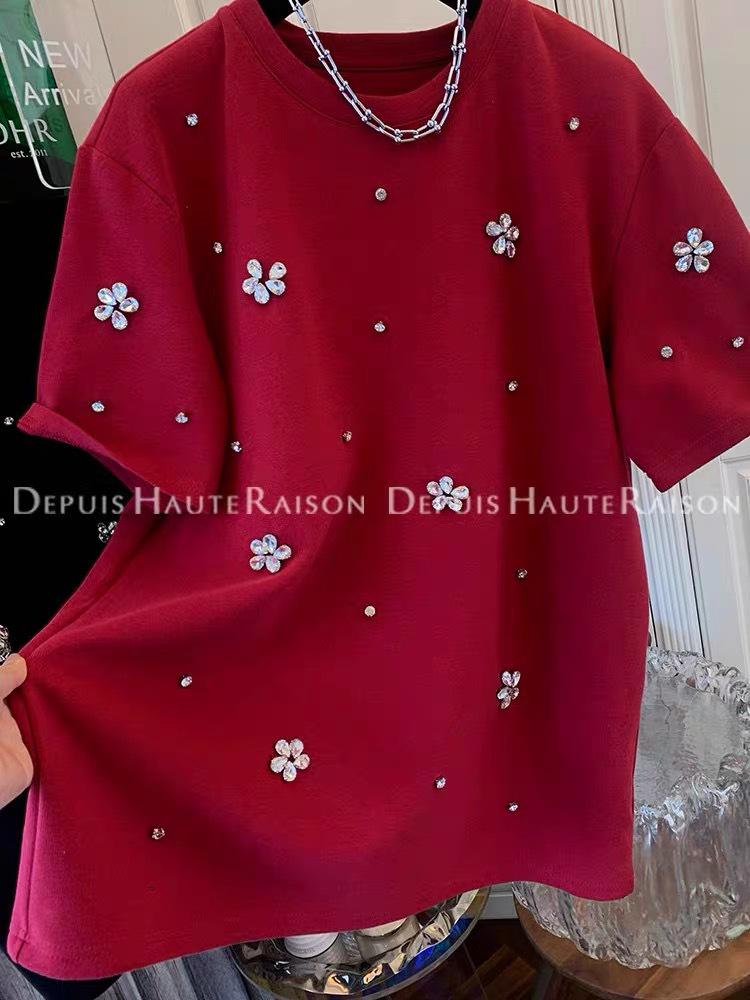 Rhinestone Flower Double-Sided Brushed Short Sleeve T-shirt Women's Loose Base Layer Top