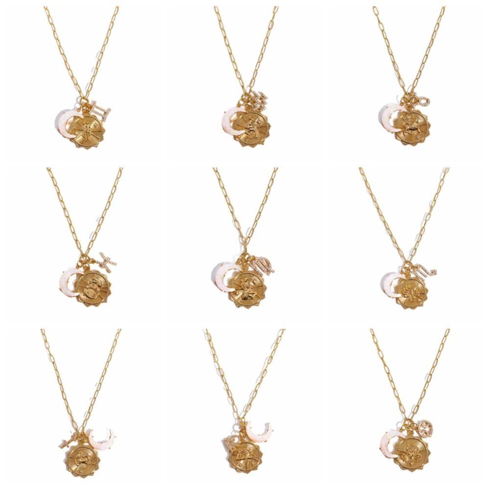Crystal 12 Constellation Necklace Moon Sun Bohemian Golden Necklace Collarbone Chain Women  Girls