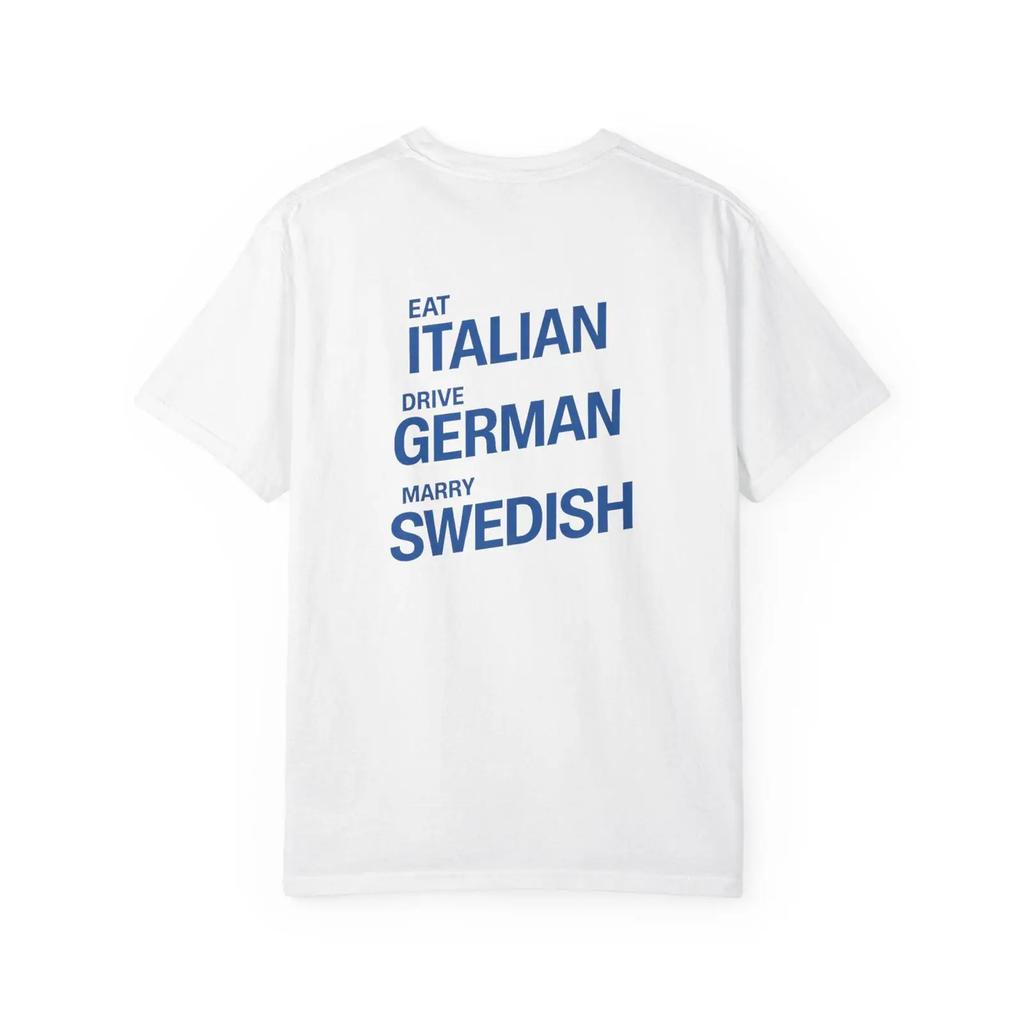 Iss Italienisch Fahre Deutsch Unisex Heirate Schwedisch T-Shirt Typografie Rückendruck Vintage Oberteil Für Den Alltag Leicht Streetwear