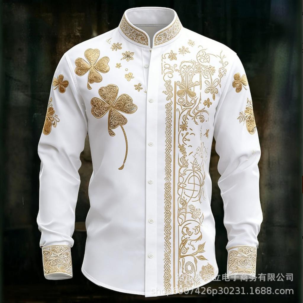 Luxury Long-sleeve Shirt with Gold Embroidered Floral Design