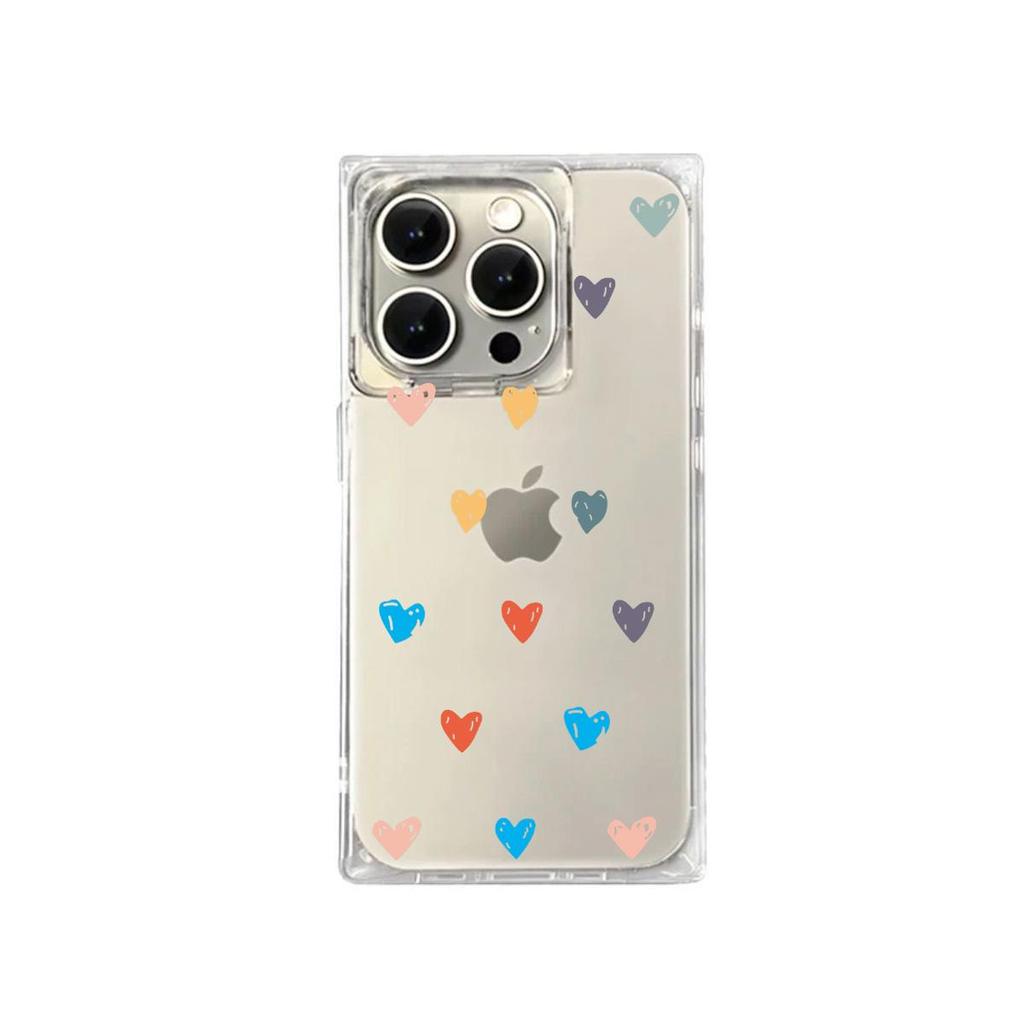 Clear Square Back Tube Case Protection For iPhone 16 ProMax 14 Pro Max 11 15 Plus 12 13 Anti-Oxygen,Colorful heart Pattern Casing
