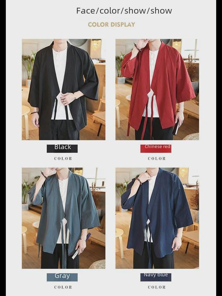 Men's Hanfu Traditional Chinese Zen Robe with Three-Quarter Sleeves