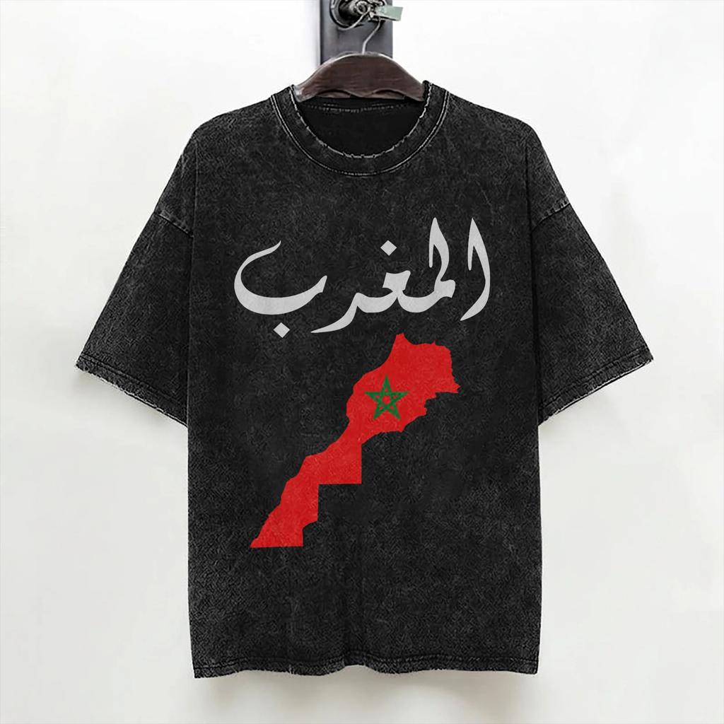 Washed T Shirts Morocco Flag Hip Hop Fashion Tshirt Harajuku Moroccan Streetwear Short Sleeve Printed Tee Shirt For Men Women