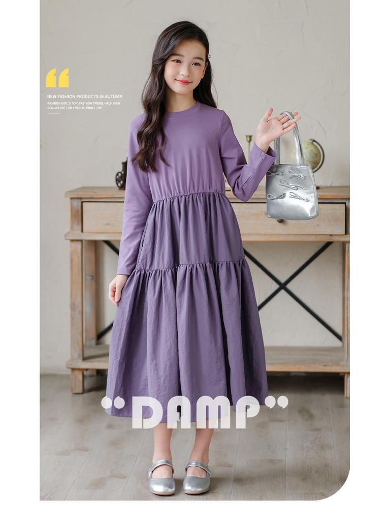 Girls' Spring 2025 Long Sleeve Mori Style Dress with Spliced Big Swing Skirt.