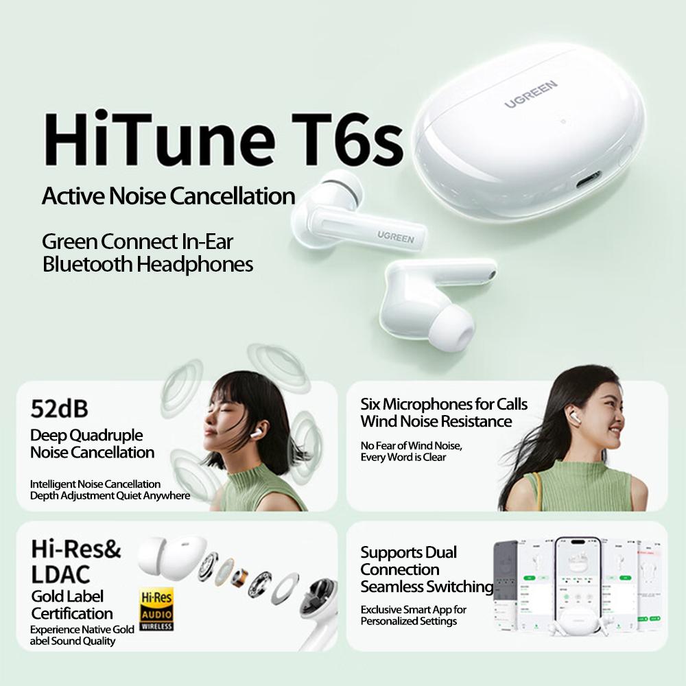 Ugreen HiTune T6s Bluetooth Ørepropper - 52dB Støyreduksjon In-Ear Design Kompatibel med Apple, Huawei, Xiaomi WS205