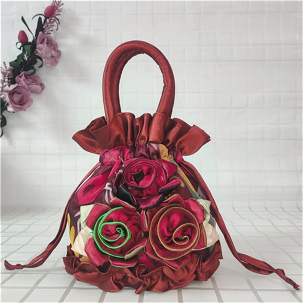 High Quality Top Handle Lace Flower Bag Lace Embroidery Bucket Drawstring Cloth Bag Dacron Women's Handbag