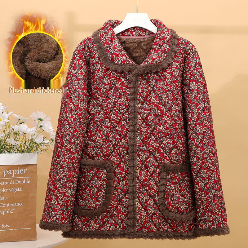 Jaqueta de Algodão Quente com Lapela Floral de Novo Estilo 2025 com Forro de Veludo para Mulheres de Meia-Idade e Idosas, Roupa Exterior Solta e Grossa para Outono e Inverno