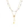 Gold Plated Double Layer Pearl Necklace with Mother of Pearl Clover Pendant, Dainty Adjustable Chain for Women, Elegant Daily Jewelry